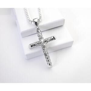 Sterling Silver Large Thick Crucifix Cross Necklace, 925 SOLID Silver Box Chain